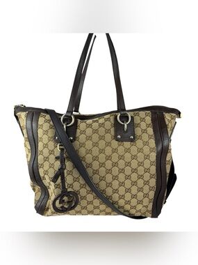 Gucci Beige GG Canvas Tote with Dark Brown Leather Trim